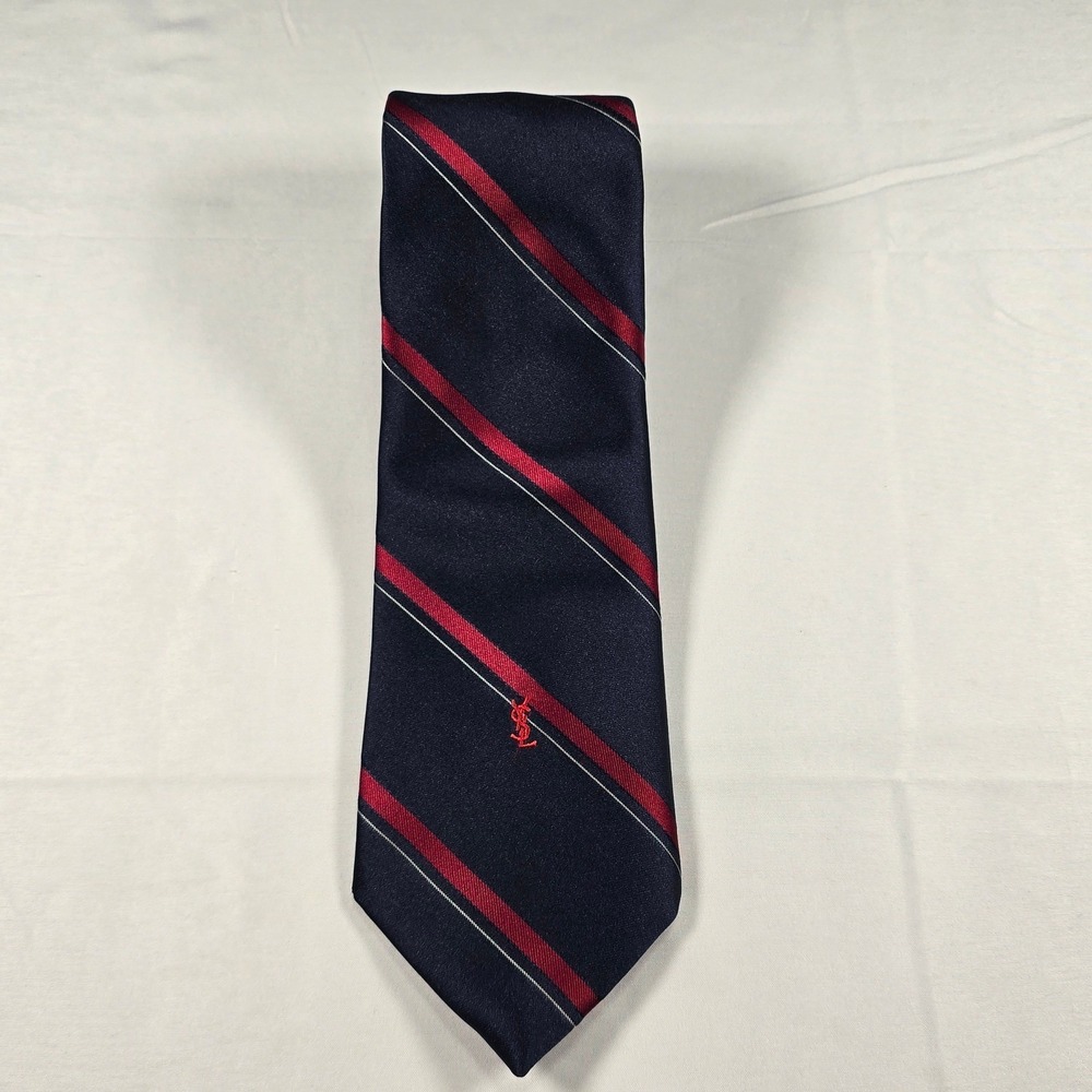 Silk Tie Yves Saint Laurent Mens Navy Blue Red Striped YSL Logo Necktie Designer